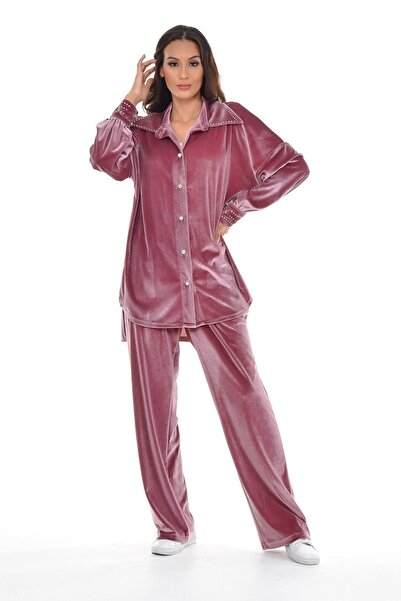 DISENTIS MODEST طقم نسائي من قميص وبنطلون مخملي بلون البودرة