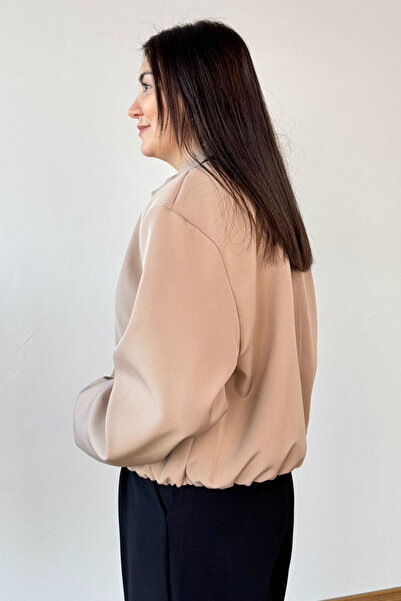 Cappmoda Ckt-12469 Beige Lined Zippered Bomber Jacket with Elastic Waist