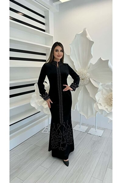 White Corner 3143 NAKIŞLI KALEM ELBİSE KADİFE