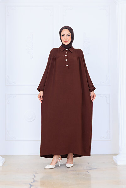 OKTAYUSTA COLLECTİON Mevlana Dress with Half-Button Front Shirt Collar Robe Brown