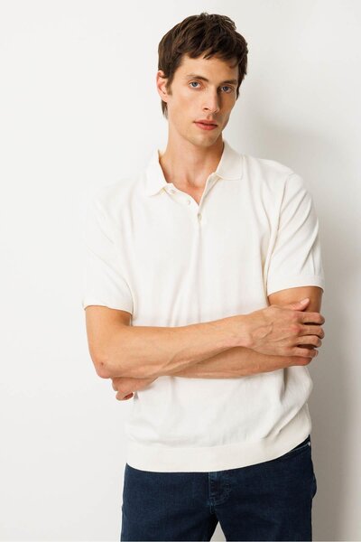 Desen Triko Ανδρικό πλεκτό κρεμ με λαιμόκοψη πόλο 100% βαμβάκι με κοντό μανίκι