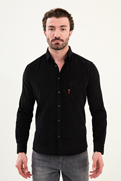 Mcr Plain Slim Fit Embroidery Detailed Velvet Men's Shirt Black - 27109.25K