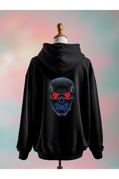 Vordevia سويت شيرت أسود كبير الحجم مصنوع من القطن بطبعة جمجمة و3 خيوط