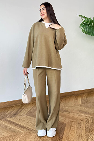 Cappmoda طقم مكون من قطعتين TKM-1052: تي شيرت من فرو المنك بتفاصيل وياقة على شكل V وبنطلون فضفاض