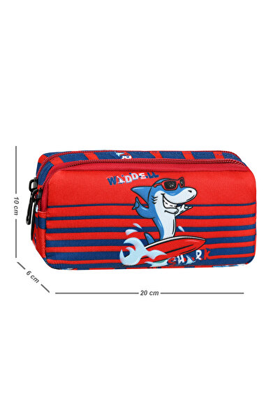 VESSARA Licensed Red Shark Patterned Boy's Primary School Backpack, Lunchbox and Pen Holder