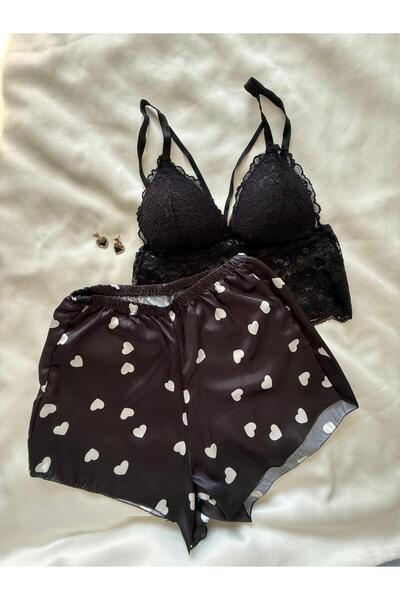 İNKO İÇ GİYİM Bustier Lace Detailed Satin Shorts Set