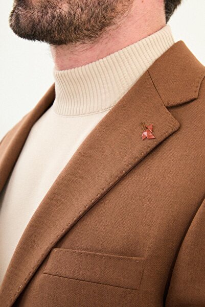 Mcr Plain Slim Fit Mono Collar Pocket Pocket Metal Button Men's Jacket Camel - 41478.25K