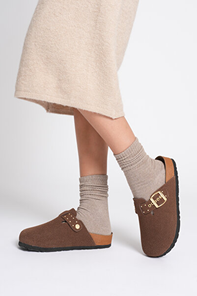 FRZZ Genuine Suede Upper Leather, Studded, Closed Front, Cork Sole Women's Sabo Slippers