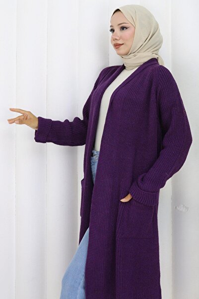 hafsamina سترة تريكو بياقة شال وجيب باللون الأرجواني HM2243