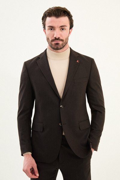 Mcr Desenli Slim Fit Mono Yaka Yün Erkek Takım Elbise Kahve - 45429.25K