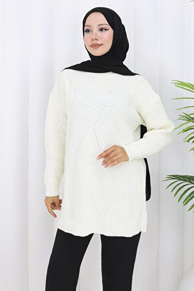 hafsamina Πουλόβερ με λαιμόκοψη με μοτίβο μπακλαβά λευκό HM2836