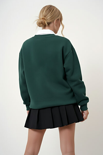 uyguntarz Unisex Leopard Patterned Heart Printed Oversize Crew Neck Sweatshirt