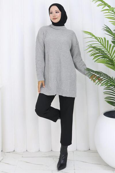 hafsamina Πουλόβερ με λαιμόκοψη με μοτίβο διαμάντια γκρι HM2836