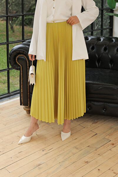 comstar Women's Basic High Waist Pleated Loose Green Long Skirt