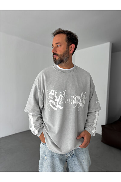 BYBASICMAN Gri Yıkamalı Baskılı Parçalı Sweatshirt JJ-114
