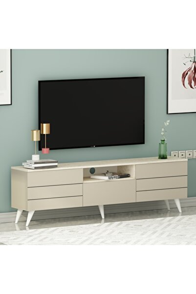 Betroya Lunar TV Ünitesi Sehpası Çekmeceli Raflı Beyaz Kemençe