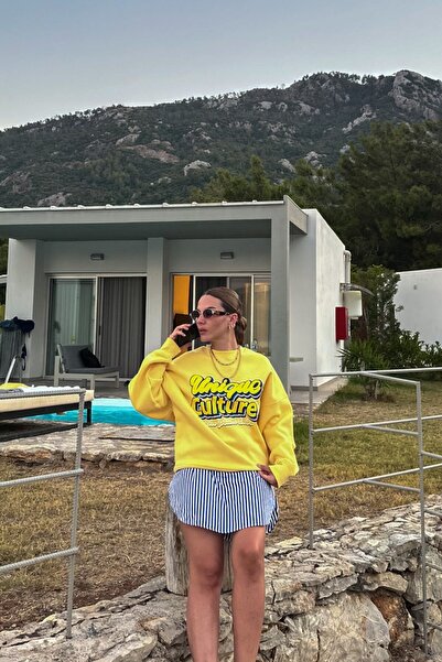 GIA - ART سترة نسائية فضفاضة بطباعة ثقافية فريدة باللون الأصفر - ياقة دائرية،...