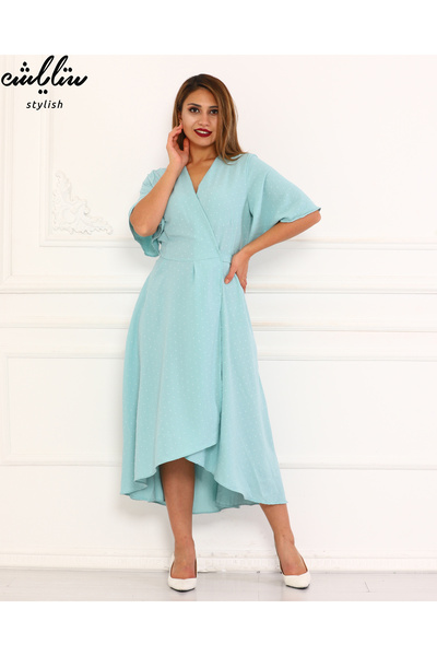 Stylish فستان ميدي باللون التيفاني موديل لف ياقة V