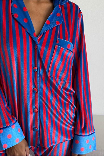 COCCOLARSI Mix Retrò Saks Kırmızı Kadife Uzun Pijama Takımı