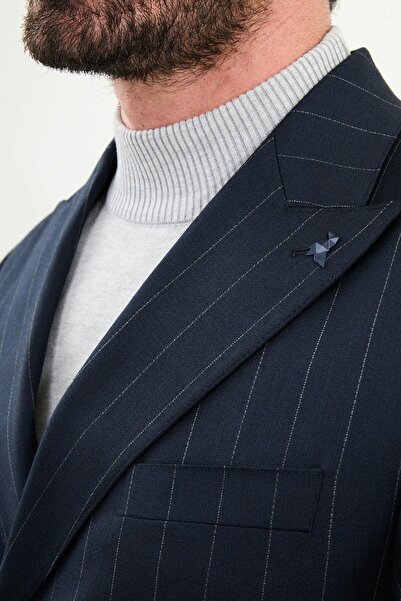Mcr Striped Slim Fit Wide Collar Double Breasted Men's Suit Navy Blue - 45426.25K