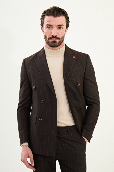 Mcr Çizgili Slim Fit Geniş Yaka Kruvaze Erkek Takım Elbise Kahve - 45426.25K