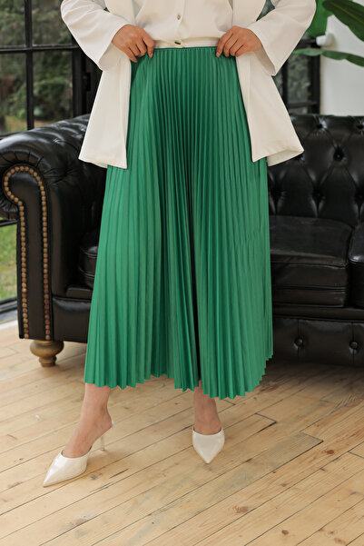 comstar Women's Basic High Waist Pleated Loose Emerald Long Skirt