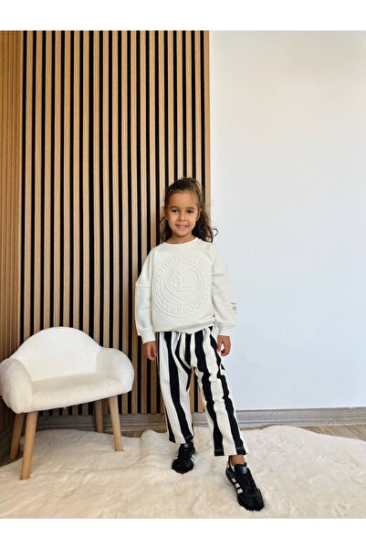 Lolliboomkids Girls' 3 Thread Embossed Print Striped Jogger Sweatshirt + Sweatpants Set