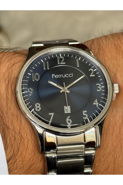 Ferrucci GÜMÜŞ RENK LACİVERT KADRANLI RAKAMLI TARİHLİ ERKEK SAATİ