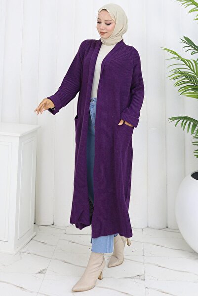 hafsamina Shawl Collar Pocketed Knitwear Cardigan Purple Hm2243
