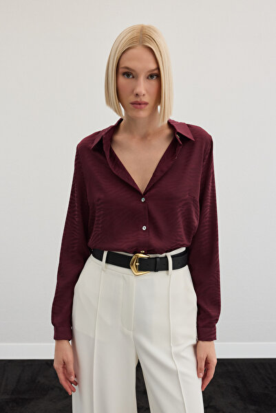 Sateen Zebra Desenli Gömlek - Bordo
