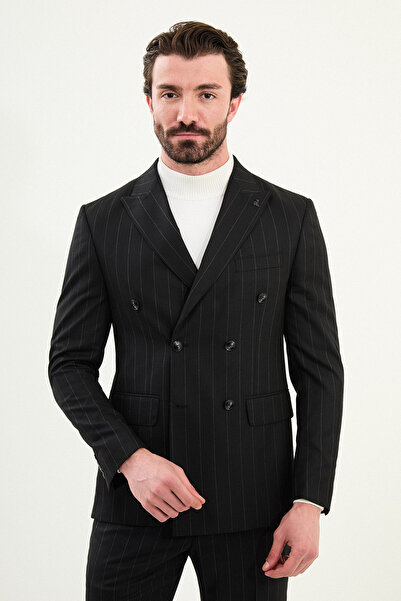 Mcr Çizgili Slim Fit Geniş Yaka Kruvaze Erkek Takım Elbise Siyah - 45426.25K