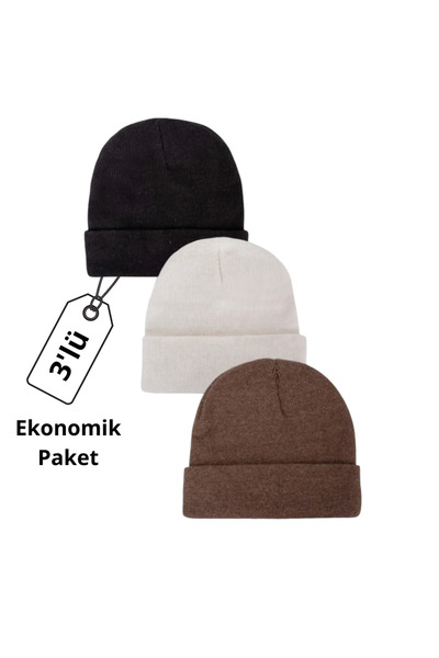 POKUT Unisex Katlamalı 3’lü Bere Seti – Siyah, Beyaz, Gri | Kışlık Sıcak Örgü...