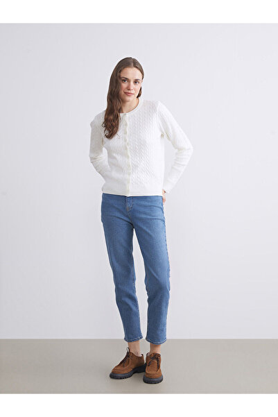 LC Waikiki LCW Modest Ekru Bisiklet Yaka Kendinden Desenli Kadın Triko Hırka W5FF90Z8