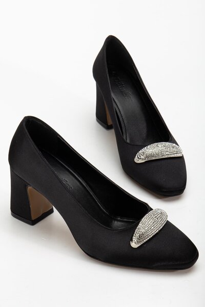 Dilimler Ayakkabı Women's Siletto Heeled Shoes Black Satin Stone Thick Heeled