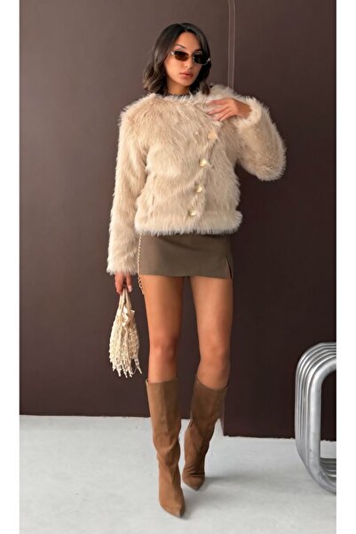 TOPSHOW Button Detailed Long Sleeve Faux Fur Coat