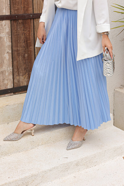 comstar Women's Basic High Waist Pleated Loose Blue Long Skirt