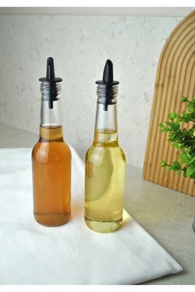 Qualitev 2 Adet 250 Ml Cam Yağdanlık Sirkelik Sosluk Şişesi Silikon Tıpalı Zeytinyağı Sıvıyağ Yağlık Şişe