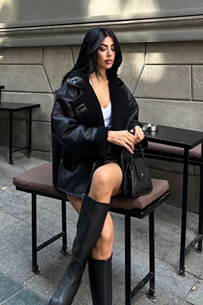 moda armanc Γυναικείο δερμάτινο παλτό από σουέτ με επένδυση από γούνα - Χειμερινό μπουφάν με βελούδινη επένδυση