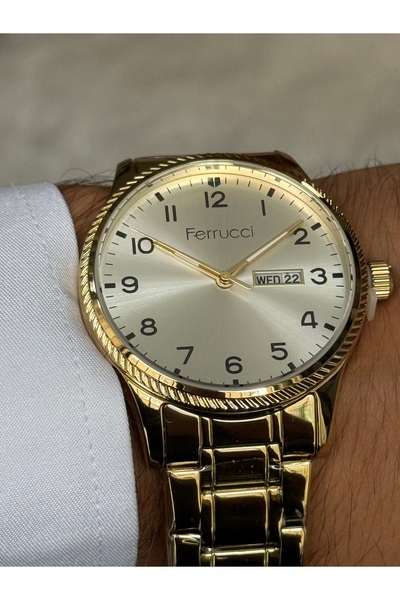 Ferrucci ALTIN RENK BEYAZ KADRANLI RAKAMLI TARİHLİ ERKEK SAATİ