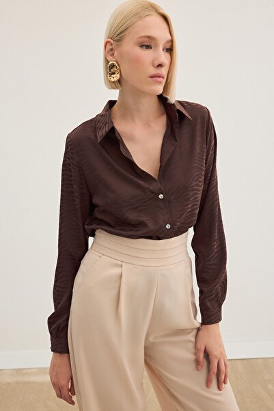 Sateen Zebra Desenli Gömlek - Kahve