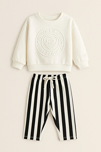 Lolliboomkids Girls' 3 Thread Embossed Print Striped Jogger Sweatshirt + Sweatpants Set