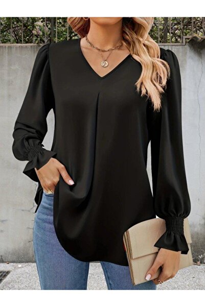 Genel Markalar Kadın Uzun Kollu V Yakalı Salaş Ithal Krep Bluz