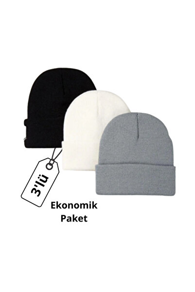 POKUT Unisex Katlamalı 3’lü Bere Seti – Siyah, Beyaz, Gri | Kışlık Sıcak Örgü Bere