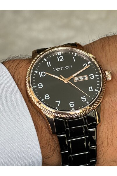 Ferrucci ساعة رجالية باللون الأسود مع قرص أسود وأرقام وتاريخ