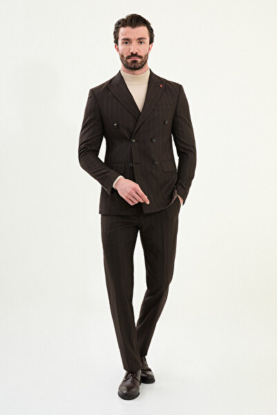 Mcr Çizgili Slim Fit Geniş Yaka Kruvaze Erkek Takım Elbise Kahve - 45426.25K