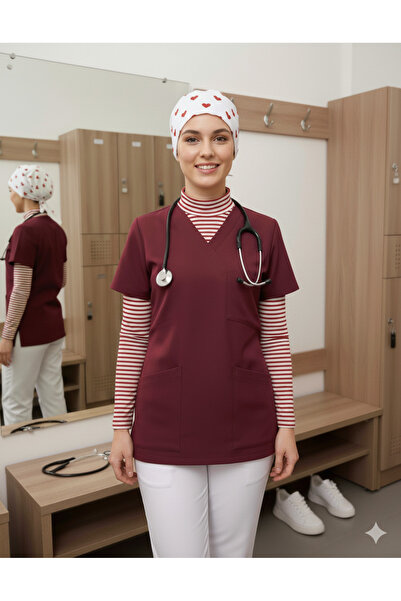 mirach 3-Piece Nurse Set Burgundy Scrubs Top Heart Surgical Cap Striped Neck Collar Sleeveless Stand Collar Fisherman