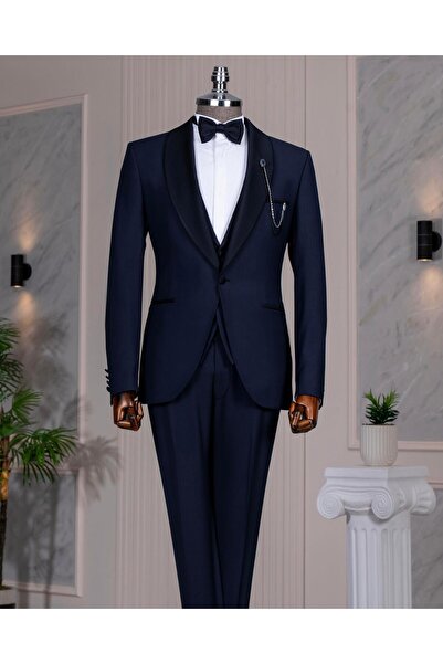 TerziAdemAltun İtalyan stil yün karışımlı ceket yelek pantolon damatlık set lacivert T14895