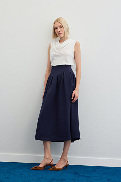 Sateen Pileli Midi Etek - Lacivert