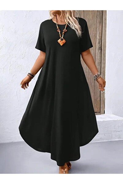 Genel Markalar Kadın Kısa Kollu Bisiklet Yaka Cepli Salaş Viskon Elbise