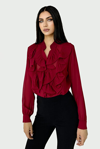 FashionForYou Dariana elegant shirt, with a vaporous texture, long sleeves and maxi ruffles with a pleated look, Bordeaux